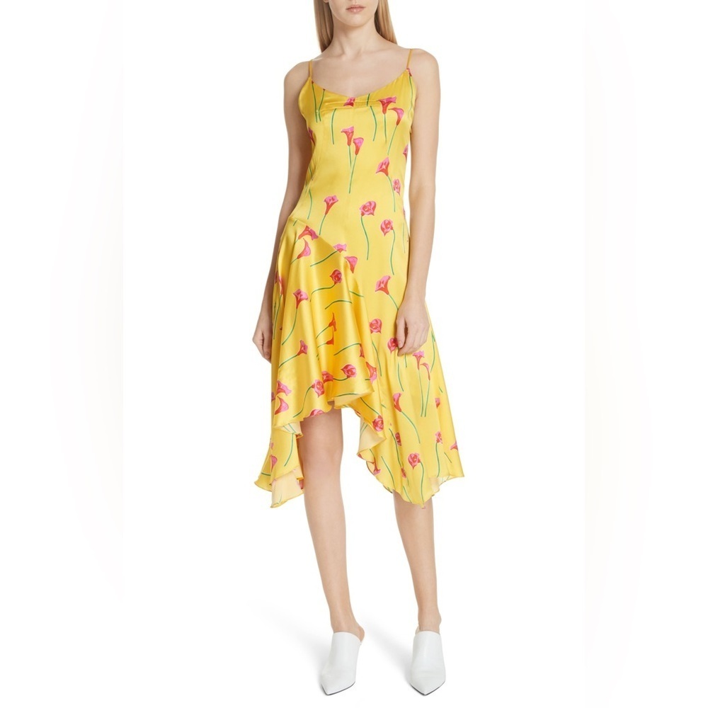 Caroline Constas Yellow Floral Slip Dress with Pink Blooms